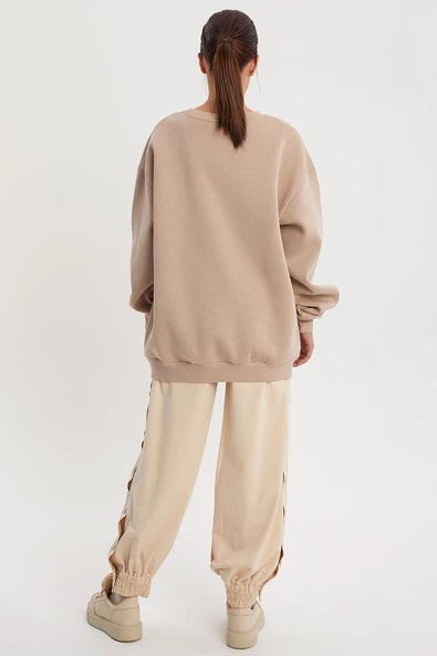 Bej01-Baloncuk Baskılı Oversize Sweatshirt - 4