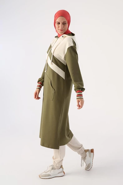 Açık Haki-İki Renkli Kapüşonlu Sweat Tunik - 3