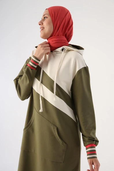 Açık Haki-İki Renkli Kapüşonlu Sweat Tunik