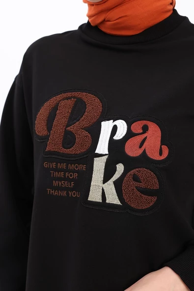 Siyah-APLİKE NAKIŞLI SWEAT TUNİK - Resim 5