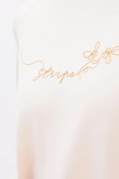 Ekru-ZİNCİR NAKIŞLI YANDAN YIRTMAÇLI TUNİK - Resim 5