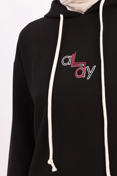 Siyah-NAKIŞLI MANŞETİ RİBANALI SWEAT TUNİK - Resim 5