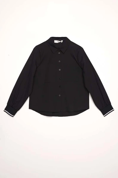 Siyah-MANŞETİ RİBANALI BÜYÜK CEPLİ GÖMLEK - Resim 6