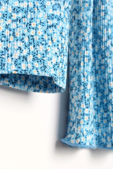Mavi-Beyaz-Desenli Biye Kemerli Rahat Piliseli Likralı Tunik - Resim 7