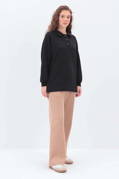 Siyah-Yanları Fermuarlı Yakalı Sweat Tunik - Resim 3