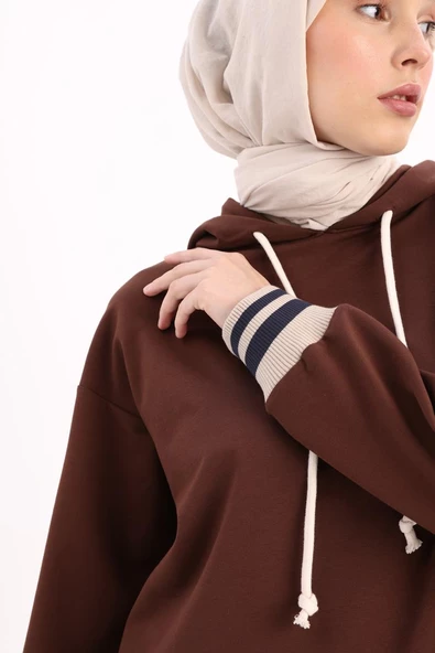 Acı Kahve-NAKIŞLI MANŞETİ RİBANALI SWEAT TUNİK - 5