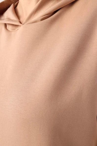 Bej-Kapüşonlu Kanguru Cepli Likralı Sweat - 5