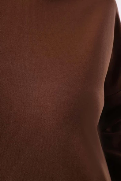 Kahve-Kapüşonlu Kanguru Cepli Likralı Sweat - 5