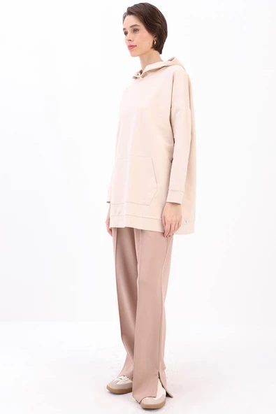 Taş-Kapüşonlu Kanguru Cepli Likralı Sweat - Resim 3