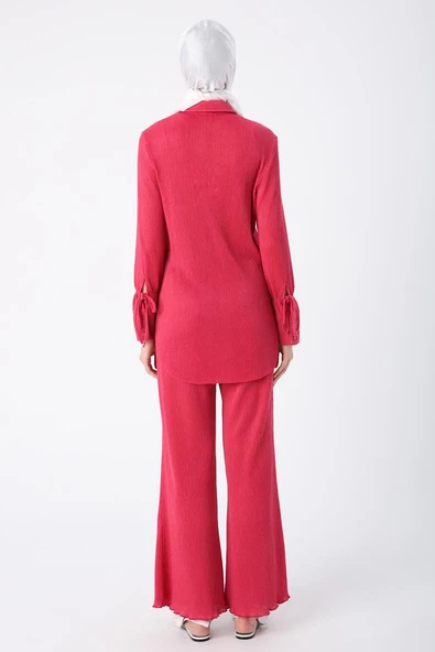 Fuşya-Piliseli Kolları Bağcık Detaylı Gömlek Tunik - Resim 4