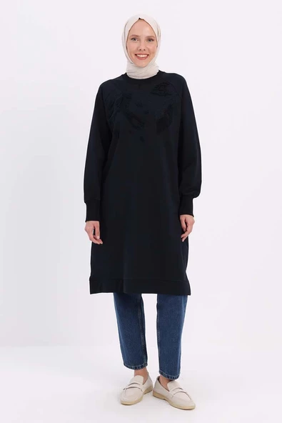 Lacivert-NAKIŞLI PİLİKAŞELİ SWEAT TUNİK - Resim 2