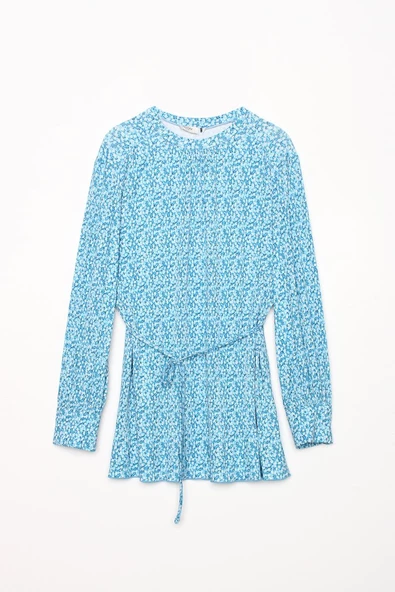 Mavi-Beyaz-Desenli Biye Kemerli Rahat Piliseli Likralı Tunik - Resim 6