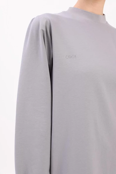 Gri-TAŞ YAZILI KOLU PİLELİ YANI YIRTMAÇLI TUNİK - Resim 5