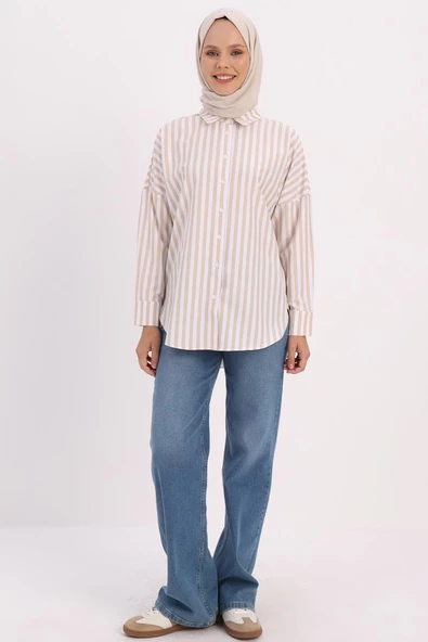 Bej-Beyaz-Oversize Basic Gömlek - 2