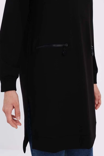 Siyah-FERMUAR CEPLİ YIRTMAÇLI SWEAT TUNİK - Resim 4