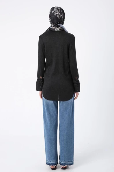 Antrasit-Piliseli Kolları Bağcık Detaylı Gömlek Tunik - Resim 4
