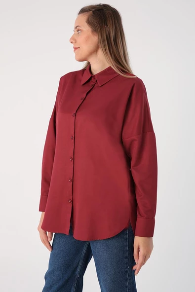 Koyu Bordo-Oversize Basic Gömlek - 2