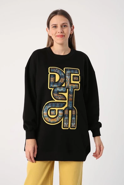 Siyah-Oversize Desenli Aplike Nakışlı Sweat Tunik - Resim 2