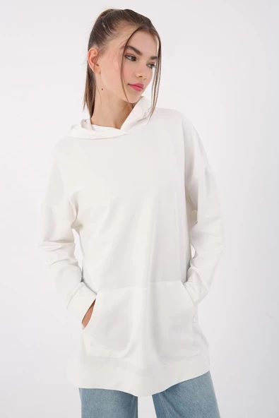 Beyaz-Kapüşonlu Kanguru Cepli Likralı Sweat ürün görseli