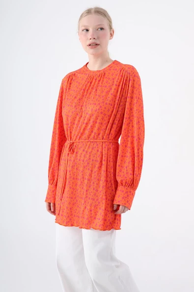 Turuncu-Fuşya-Desenli Biye Kemerli Rahat Piliseli Likralı Tunik - Resim 5