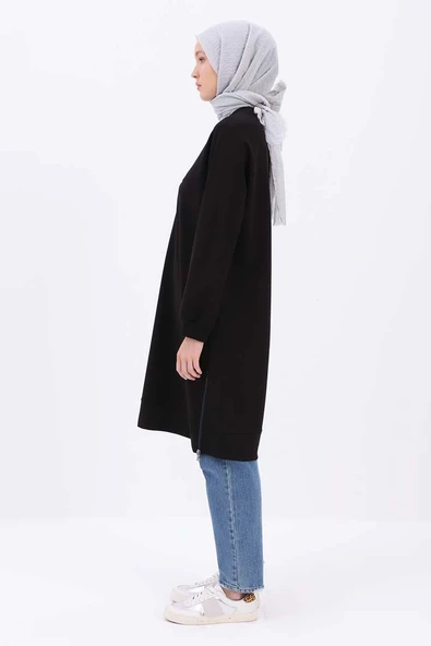 Siyah-YANDAN GARNİ YIRTMAÇLI SWEAT TUNİK - Resim 3