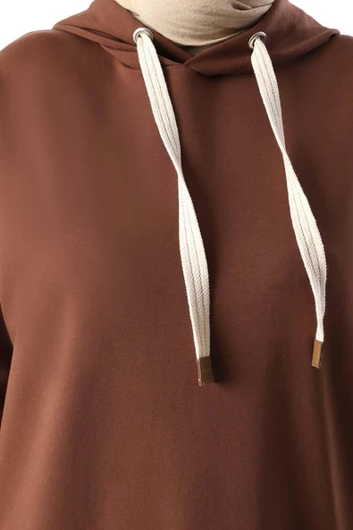 Kahve-Kuşgözlü Kapüşonlu Cepli Sweat Tunik - Resim 5