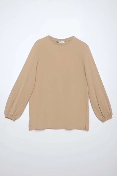 Bej-Bisiklet Yaka Kol Ucu Büzgülü Likralı Pamuklu Bluz - Resim 6