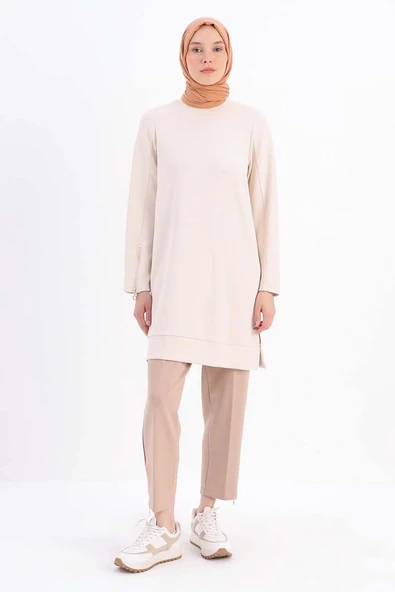 Açık Bej-Kolu Fermuarlı Tunik - Resim 2