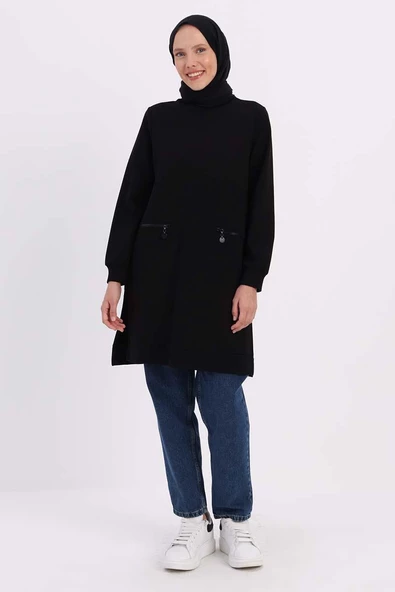 Siyah-FERMUAR CEPLİ YIRTMAÇLI SWEAT TUNİK - Resim 2