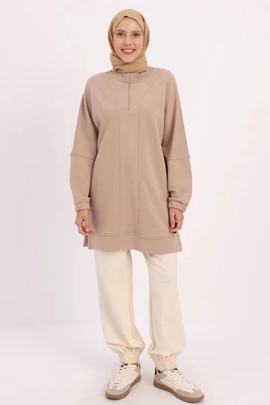 Bej-DİK YAKALI FERMUARLI SWEAT TUNİK - Resim 2