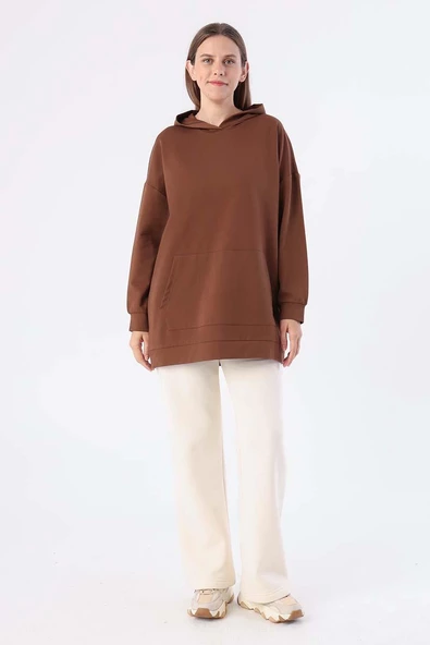 Kahve-Kapüşonlu Kanguru Cepli Likralı Sweat - 2
