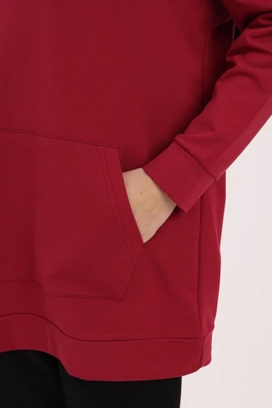 Bordo-Kapüşonlu Kanguru Cepli Likralı Sweat - 5