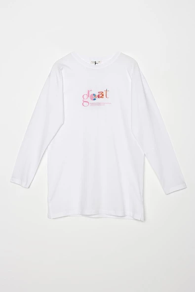 Beyaz-Bisiklet Yaka Baskılı T-shirt - Resim 7