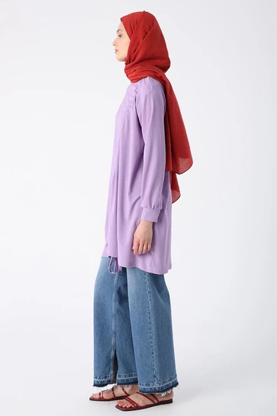 Lavanta-Büzgülü Bağlama Detaylı Bisiklet Yaka Likralı Tunik - Resim 3