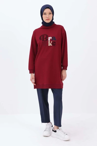 Vişne-APLİKE NAKIŞLI SWEAT TUNİK - Resim 2