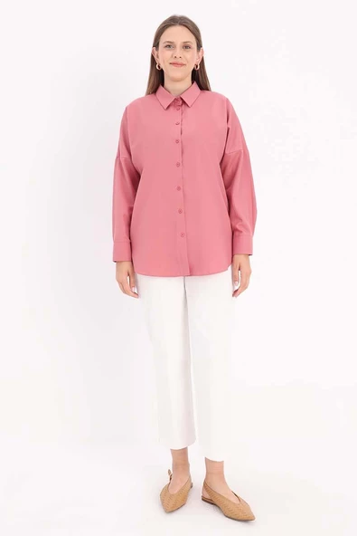 Açık Gül-Oversize Basic Gömlek - 2