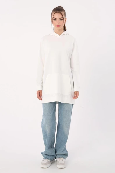 Beyaz-Kapüşonlu Kanguru Cepli Likralı Sweat - Resim 2