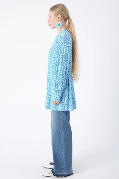 Mavi-Beyaz-Desenli Biye Kemerli Rahat Piliseli Likralı Tunik - Resim 3