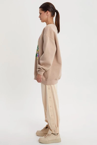 Bej01-Baloncuk Baskılı Oversize Sweatshirt - 3
