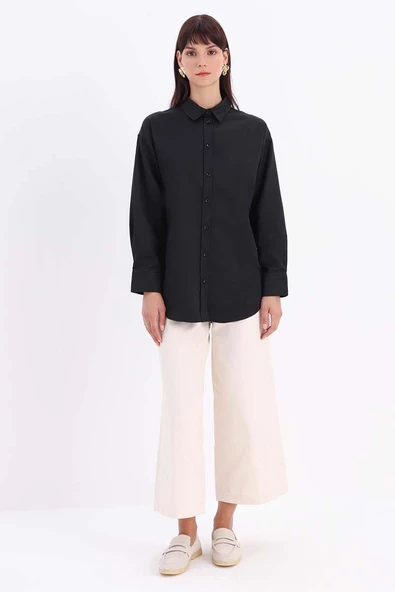 Siyah-ÖNDEN VE ARKADAN DÜĞMELİ GÖMLEK TUNİK - 2