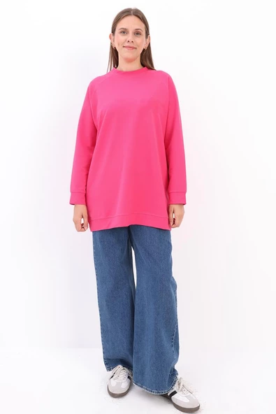 Fuşya-Bisiklet Yaka Reglan Kol Likralı Sweat - Resim 2