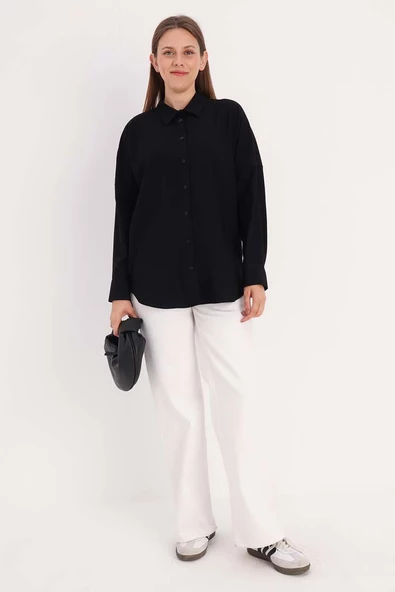 Siyah-Oversize Gömlek - Resim 2