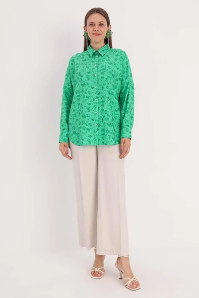Yeşil-Koyu Yeşil-Oversize Gömlek - Resim 2