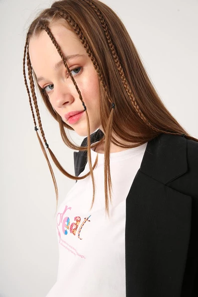 Beyaz-Bisiklet Yaka Baskılı T-shirt - Resim 5