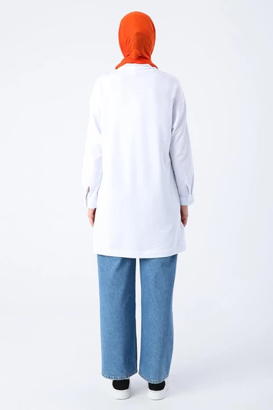 Beyaz-Pamuklu Dik Yaka Sim Dikişli Yıtmaçlı Tunik - Resim 4