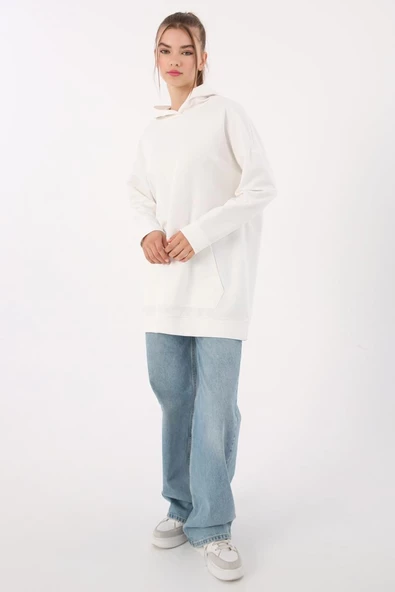Beyaz-Kapüşonlu Kanguru Cepli Likralı Sweat - Resim 5