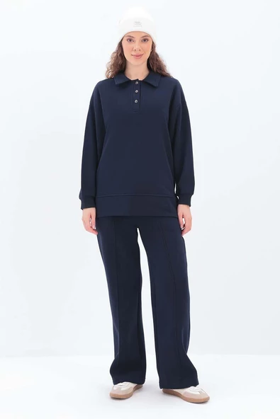 Lacivert-Yanları Fermuarlı Yakalı Sweat Tunik - Resim 2