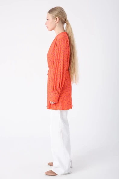 Turuncu-Fuşya-Desenli Biye Kemerli Rahat Piliseli Likralı Tunik - Resim 3