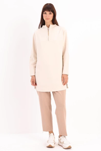 Açık Bej-Dik Yakalı Robalı Tunik - Resim 2
