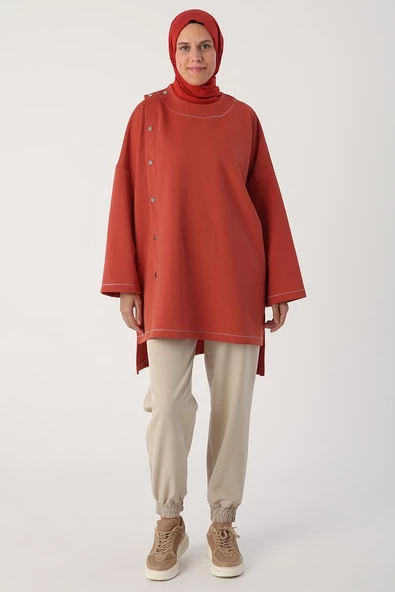 Oranj-Sim Dikişli Çıtçıtlı Oversize Tunik - Resim 4